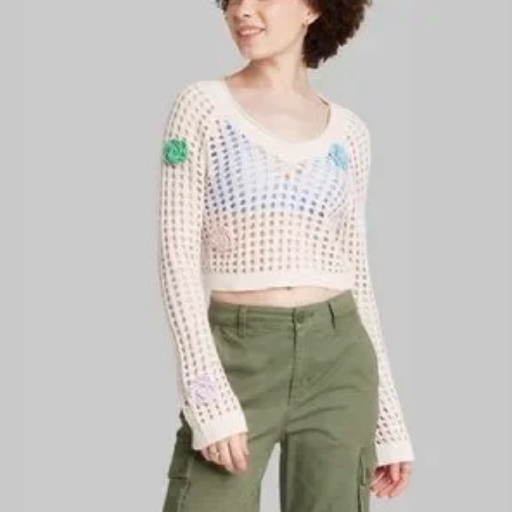 Wild Fable Cream Crochet Open Knit Sweater with Flowers Size Small
